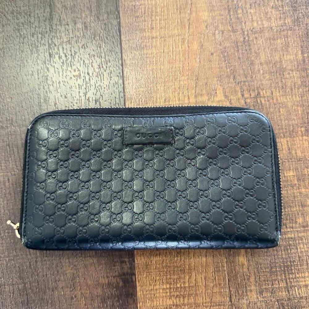 Gucci Guccissima Zip Around Wallet Black Leather GG Embossed Long Wallet